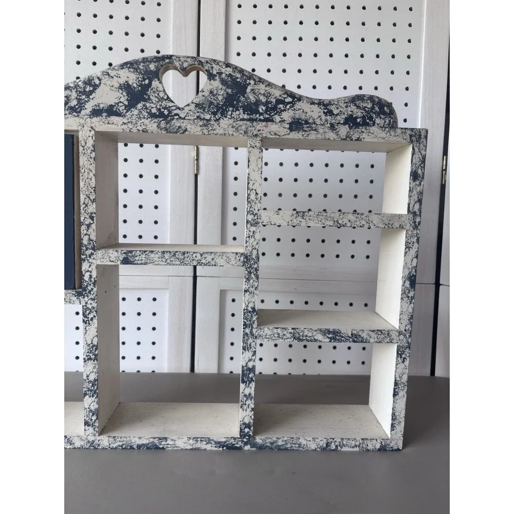 Wooden Heart Cutout Wall Trinket Shelf Rustic Painted Cottacore Blue Ivory